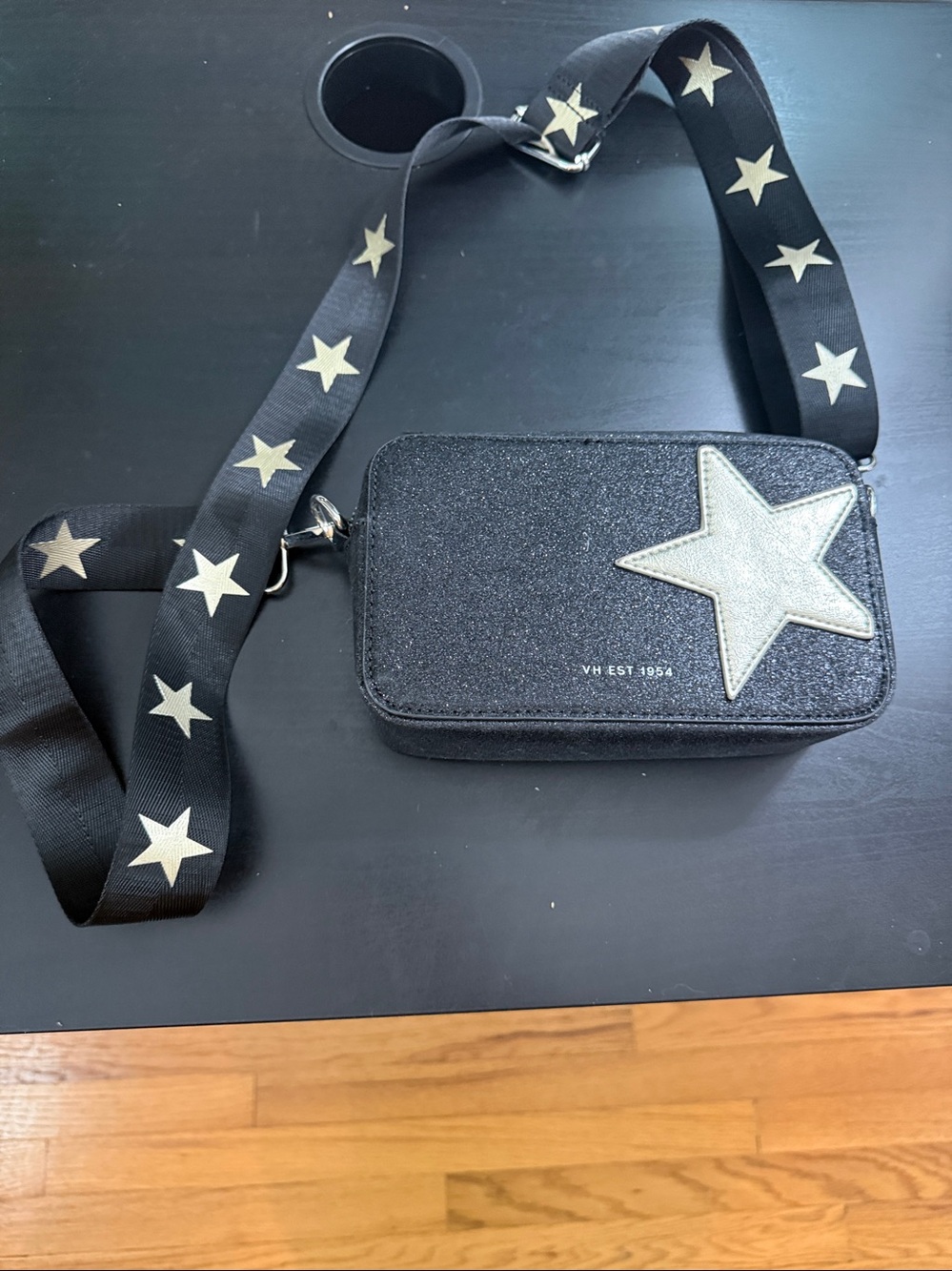 Black Star Crossbody Bag with Patterned Strap
